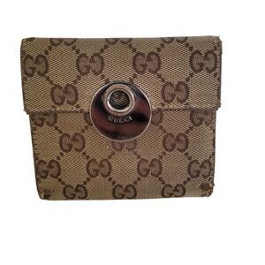 Gucci GG Monogram Canvas Bifold Wallet Brown Leather Ring Detail Eclipse